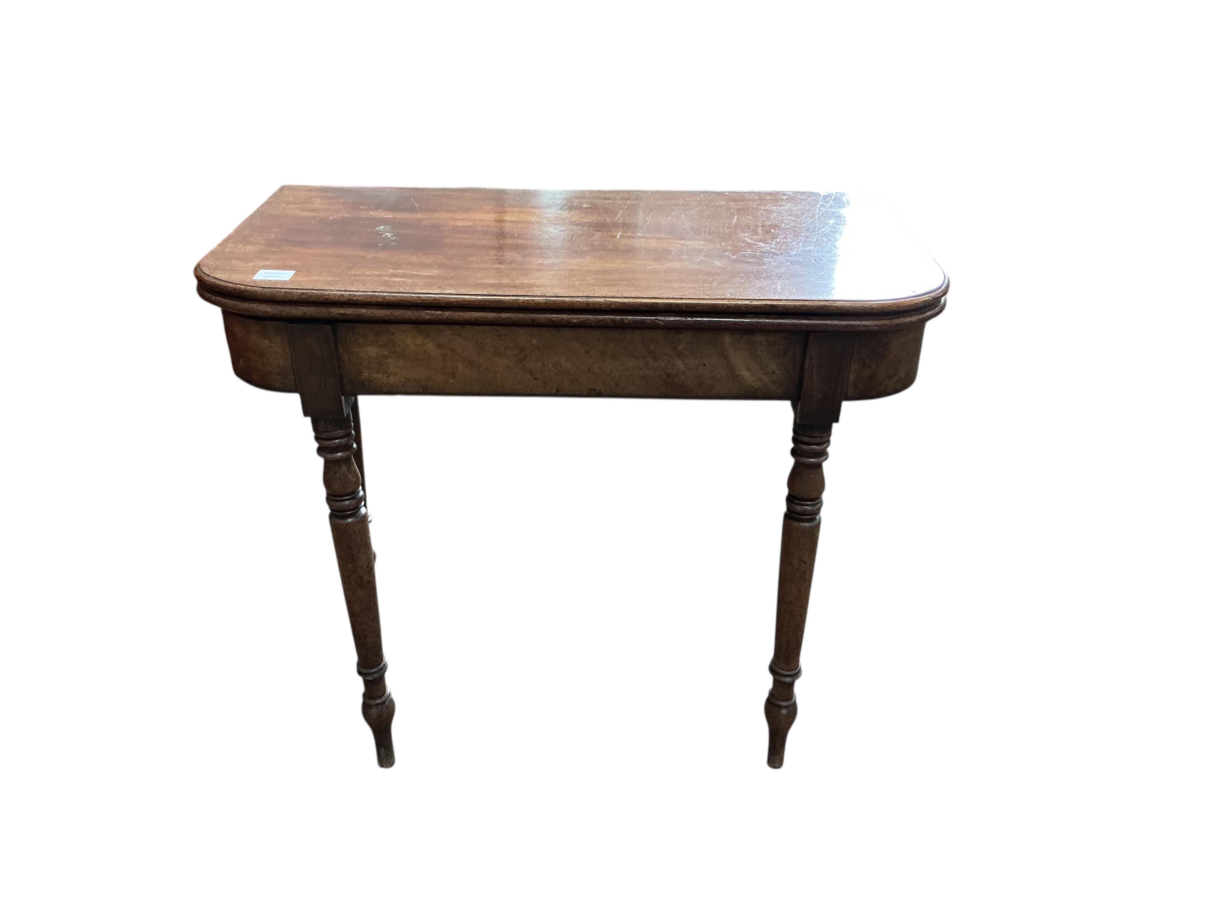 A Regency mahogany 'D' shaped folding tea table, width 91cm, depth 45cm, height 76cm